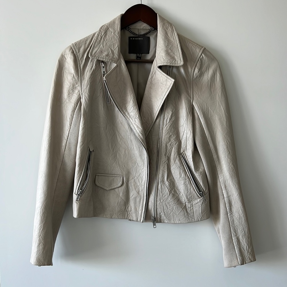 Muubaa Gulrro Leather Biker Jacket in Stone/Beige